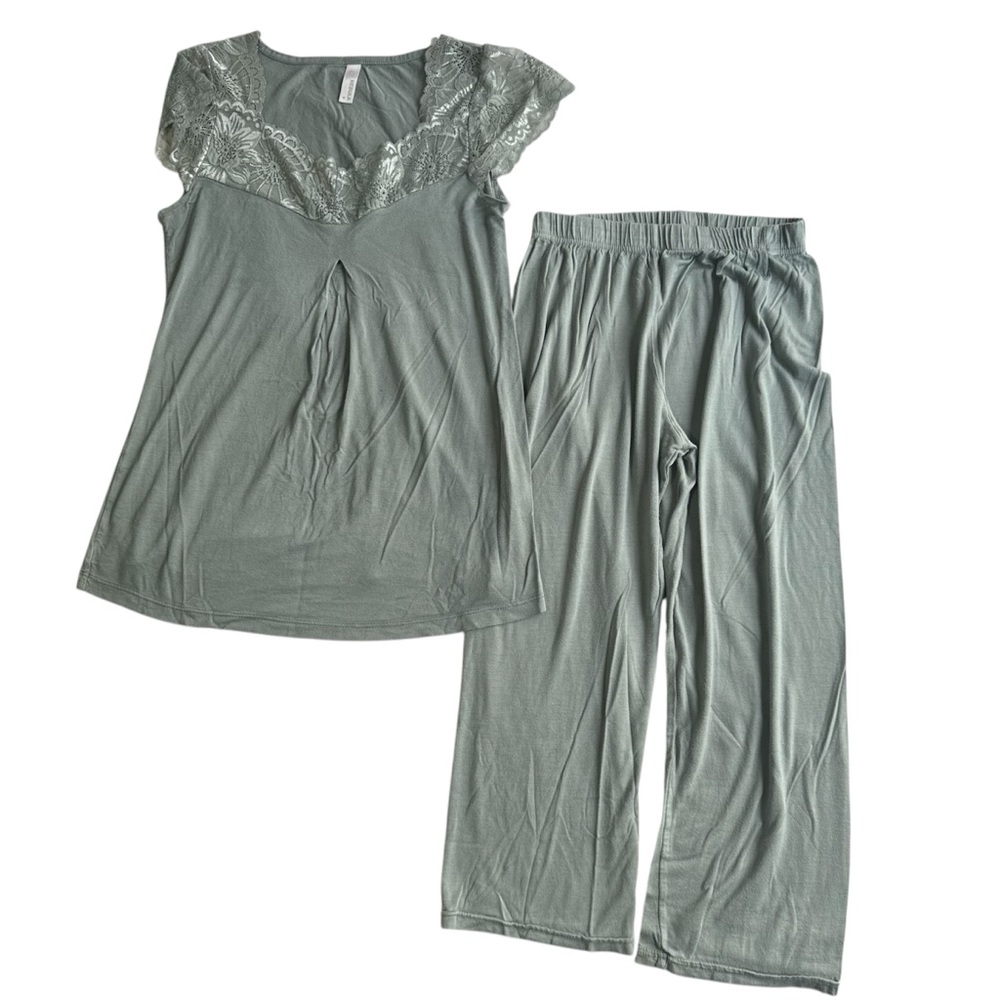 Womens Capri Pajama Set Sexy Lace V Neck